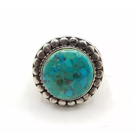 Turquoise Cabochon and Sterling Silver Basket Weave Ring Sz 7 or Sz 8 - Picture 9 of 12